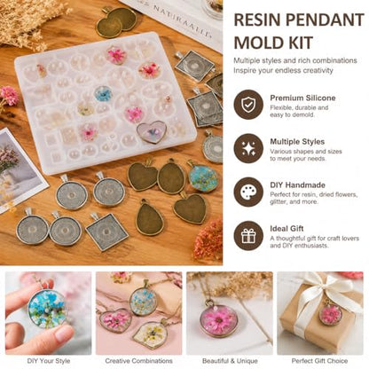Resin Casting Mold Jewelry Making Kit with 30 Metal Pendant Trays and Silicone Mold, Heart Teardrop Round Oval Square Shapes for DIY Earrings Necklaces Bracelets Crafts Gifts