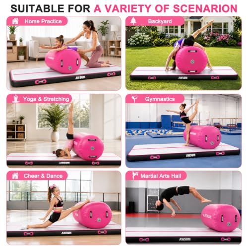 AWSUM Inflatable Gymnastics Mat with Air Roller Barrel Tumbling Equipment - color: Pink/Black+Pink Roller, size: 13ft*3.3ft*4in &(L)40in*Diam23.6in