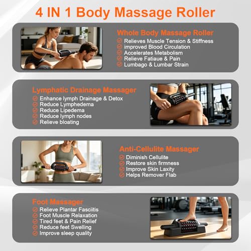 Electric Lymphatic Massager Roller with Red Light for Lymphedema & Lipedema | Handheld Rolling Massager for Lymphatic Drainage Muscle Recovery , 6-Speed Foot Massager Roller for whole body Pain Relief - color: Black