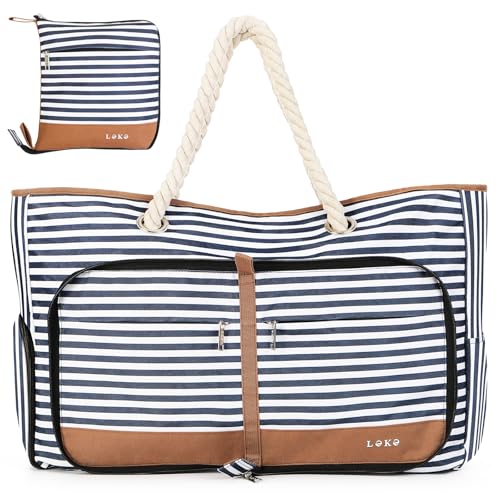 Beach Bag for Women - 35L Large Tote Bag, Waterproof & Sandproof, Zippered Carry On Bag for Pool, Beach & Travel - color: Striped