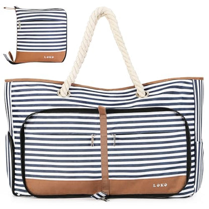 Beach Bag for Women - 35L Large Tote Bag, Waterproof & Sandproof, Zippered Carry On Bag for Pool, Beach & Travel - color: Striped