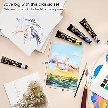 ARTEZA Canvas Panels, 8 x 10 in, Pack of 14, 100% Cotton Pre-Primed Canvas Boards for Acrylic, Oil, Gouache, Tempera, Pouring Paint, Crafts, and Mixed Media - size: 10"L x 8"W