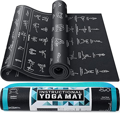 Instructional Yoga Mat with Carrying Strap: Cute Yoga Mat with 75 Illustrated Yoga Poses + 75 Easily-Followed Stretching Exercises - 1/4” Thick, Non-Toxic, Non-Slip Yoga Mats for Women and Men - color: Jet Black (68" x 24")