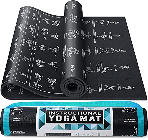 Instructional Yoga Mat with Carrying Strap: Cute Yoga Mat with 75 Illustrated Yoga Poses + 75 Easily-Followed Stretching Exercises - 1/4” Thick, Non-Toxic, Non-Slip Yoga Mats for Women and Men - color: Jet Black (68" x 24")