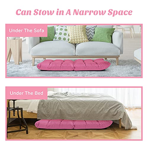 Giantex Adjustable Floor Gaming Sofa Chair 14-Position Cushioned Folding Lazy Recliner High Resilience Sponge, Breathable Cotton & Linen Fabric Sleeper Bed Couch Recliner (Pink) - color: Pink