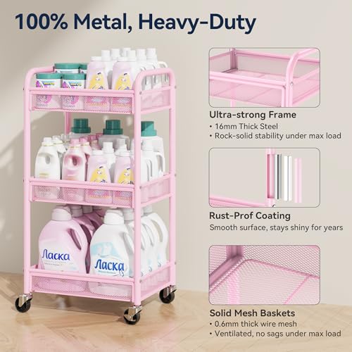 YASONIC 3 Tier Metal Rolling Cart, Pink Utility Storage Cart with Wheels - color: Pink, size: 3-tier