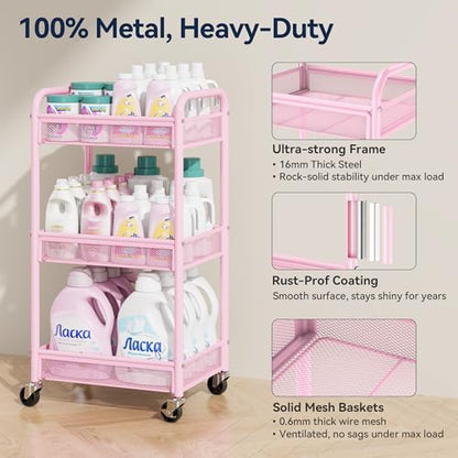 YASONIC 3 Tier Metal Rolling Cart, Pink Utility Storage Cart with Wheels - color: Pink, size: 3-tier