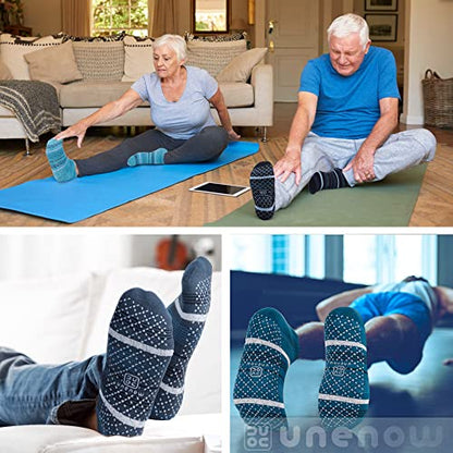 unenow Unisex Non Slip Grip Socks for Yoga Pilates Barre Home & Hospital - color: 4 Pairs-stripe-blue/Black/Dark Grey/Coffee, size: Medium