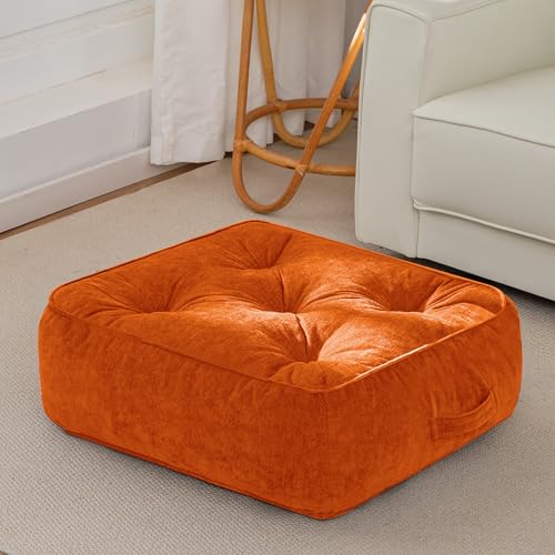 HIGOGOGO 8" Extra Thick Floor Pillow Cushion for Adults, Meditation Cushion Pillow with Handle, Lustrous Chenille Tufted, Square Floor Sitting for Tatami Living Room or Yoga, 22x22 Inch, Orange - color: Square Orange, size: 8" Thick(Pack of 1)