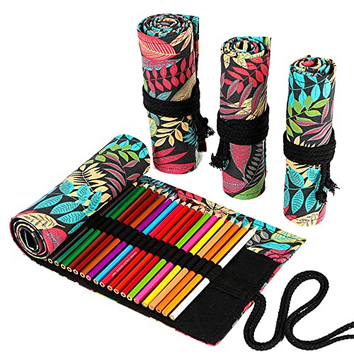 DIYOMR 24/36/72 Slots Pencil Wrap Pencil Rolls, Artist Colored Pencils Roll Up Bag Short Brushes Pouch Case Pencils Organizer for Drawing Coloring and Sketching,No Pencils (Colorful Leaves, 24slots) - color: Colorful Leaves, size: 24slots