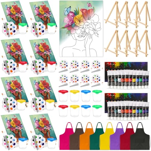 Cholemy 8 Set Paint and Sip Kit for Adults 8'' x 10'' Pre Drawn Canvas with Wooden Easels Acrylic Paint Brushes Wash Cup Palette Apron for Painting DIY Date Night Party Supplies(Flower Lady) - style: Flower Lady