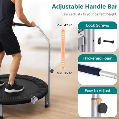 SereneLife 40" Foldable Mini Trampoline for Adults - Compact Fitness Rebounder with Adjustable Foam Handle, Exercise Trampoline with Max Load 330lbs, Indoor/Garden Whole-Body Workout - color: Black