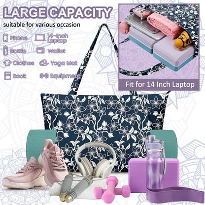 Yoga Bag for Women, Large Canvas Yoga Mat Tote Bag with Yoga Mat Carrier - color: Blue Flowers
