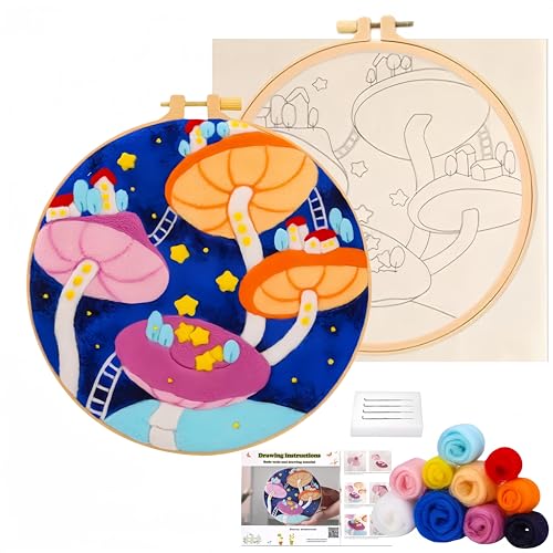 Wonafa Needle Felt Starter Set,Wool Needle Felt Starter Kit, Beginner Needles Felts Kit (Mushroom Star)(Mushroom Star) - color: Mushroom Star