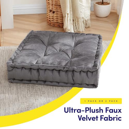 Sweet Home Collection Floor Pillow Large Square Tufted Decorative Cushion. Faux Velvet Fabric Ultra Thick Fill for Kids and Adults, Gray (Pack of 1, 2 Count)
