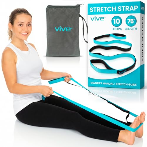 Vive Stretch Strap (75" - 10 Loops) - Leg Stretch Band to Improve Flexibility - Stretching Out Yoga Strap - Exercise and Physical Therapy Belt for Rehab, Pilates and Gymnastics with Guide Book - color: Teal