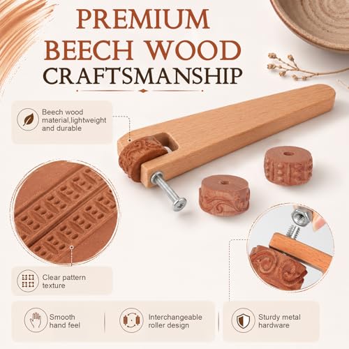 6 Pcs 3D Printed Clay Texture Rollers Clay Roller with Handle for Painting 6 Patterns Texture for Modeling Glaze Design Handle Pottery Tools Set for Artists Ceramics Art Creation Ceramic Modeling DIY