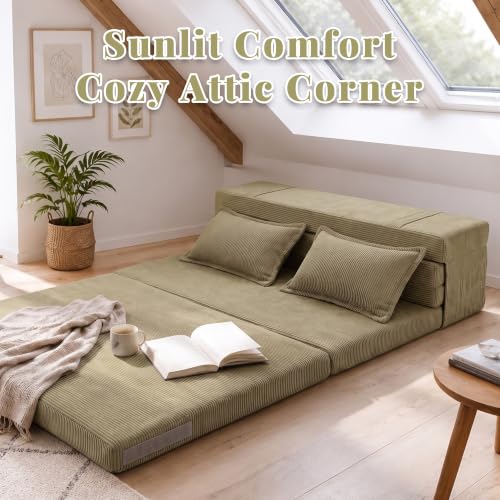 Tri-Fold Futon Mattress, Foldable Floor Mat (Sage Olive,Full) - color: Sage Olive, size: Full (75"L x 54"W x 3"Th)