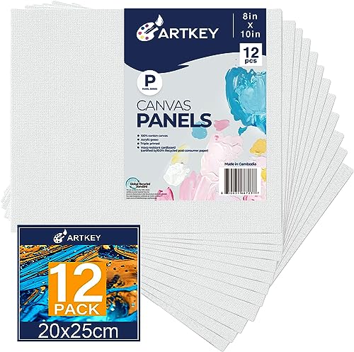 Artkey Canvas Boards for Painting 8x10 Inch 12 Pack, 10 oz Primed 100% Cotton White Blank Canvases for Painting, Art Supplies Paint Canvas Panels for Acrylic Oil Watercolor Tempera Paints - size: 8"x10", style: 12-Pack