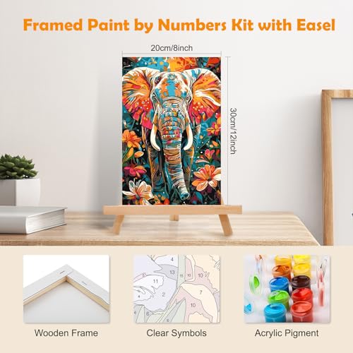 MOGTAA Elephant Paint by Numbers Kit for Adults Beginners with Frame, Flowers Adult Paint by Number Kits on Canvas with Easel, Easy DIY Aniaml Oil Painting Kits for Home Decor, 8x12in - color: Elephant