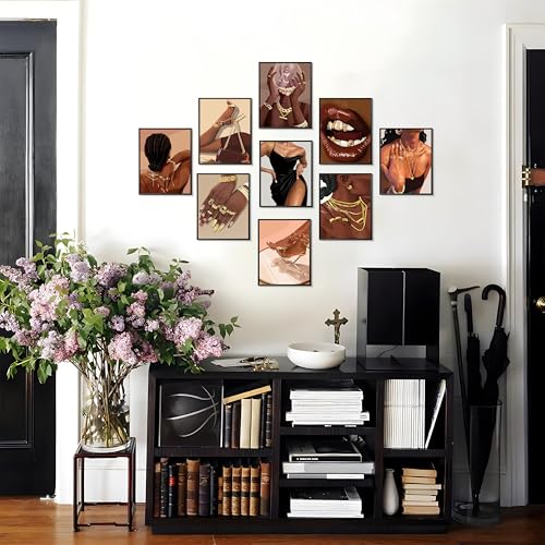 Black Girl Posters Wall Art Set of 9, Boho Black Woman African American Woman Canvas Wall Decor Paintings, Fashion Abstract Pictures Prints for Bedroom Bathroom Living Room Home Decor 8x10 In Unframed - color: Black Woman, size: 10"L x 8"W