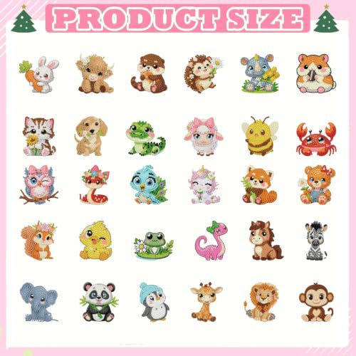 30Pcs Animal Diamond Painting Magnets Kits for Adults, Cute Animal Diamond Art Magnet Kits for Beginners, 5D DIY Rhinestone Elephant Cow Refrigerator Magnetic Sticker for Crafts Fridge Gifts