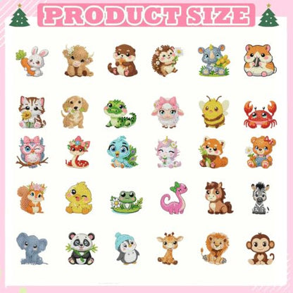 30Pcs Animal Diamond Painting Magnets Kits for Adults, Cute Animal Diamond Art Magnet Kits for Beginners, 5D DIY Rhinestone Elephant Cow Refrigerator Magnetic Sticker for Crafts Fridge Gifts