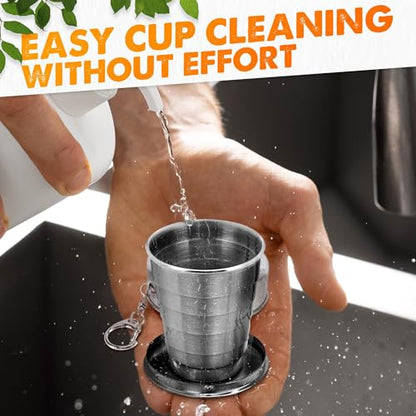 Collapsible Travel Cup with Lid 2.5Oz (75ml) - Leak-Proof Сollapsible Shot Glass Keychain, Highly Portable, Made of Rust & Bend Resistant Stainless Steel - Foldable Cup for Traveling, Fishing, Camping | Small Collapsible Cup with Lid for Camping, Travel a