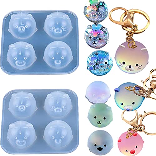 2Pcs Silicone Resin Molds for Jewelry Keychain Pendent Necklace, Cute Animal Orbs Piglet Chicken Bear Shape Ornaments Casting Molds for UV Resin Crafts, DIY Jewelry Making (Mirror & Matt) - size: 2pcs Animal