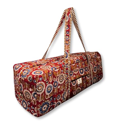 Large Capacity Handblock Printed Yoga Mat bag for Women, Gym Bag, Fits Yoga Blocks, Adjustable strap, Pilates, Gym, Fitness Block & Gear, Light and Durable - color: Ruby Bloom