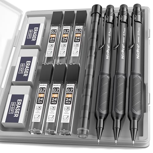 Nicpro 0.7 mm Mechanical Pencil Set with Case, 3PCS Mechanical Pencils 0.7 | HD1000 Led Pencils 0.7mm + 6 Tube HB Lead Refill, Eraser, Weatherproof Barrel for Outdoor Writing Drafting Drawing Sketching - style: 0.7mm(3 Pcs)