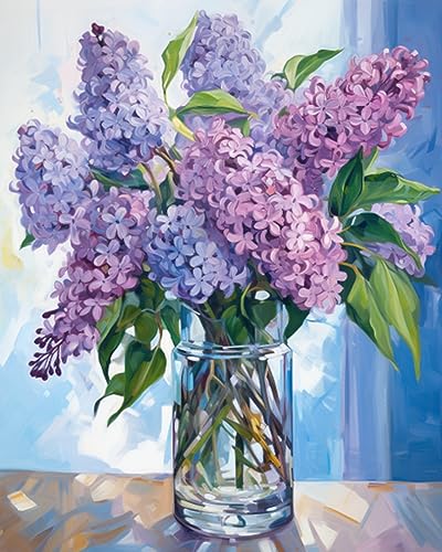 Tucocoo Paint by Number Blue Lilac in a Glass Vase Flowers DIY Painting On Canvas with Brushes Acrylic Paints Graffiti Paint by Numbers for Adults Kids Students Beginner 16x20 Inch（Without Frame） - color: Flower in Vase 01, size: 16''x20''(Frameless)