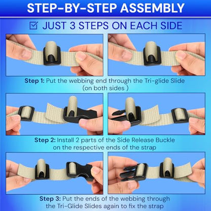 TECEUM 1" Nylon Strap Kit with Buckles, Cream 6 yards Repair Set | Heavy duty hardware kit: 6yd webbing, 6 quick release buckles, 12 tri-glide slide clips, 6 metal D-rings for crafting. - color: Cream, size: 1" - 6 yards, style: 6 Buckle - 12 Slides - 6 D