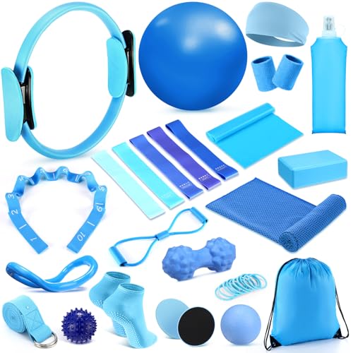 Halloscume 24 Pcs Pilates Kit, Home Pilate Equipment for Women, Pilates Ring and Ball Set with Stretching Strap, Water Bottle, Magic Circle, Yoga Ring, Gym Bag, Resistance Band, Anti Slip Sock - color: Blue