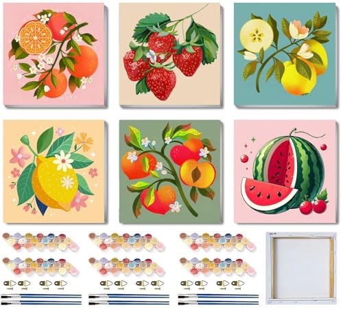 SYDYLH 6 Pack Framed Paint by Numbers Kit for Kids,Easy Acrylic Paint by Numbers Kits on Canvas,Fruit Oil Painting Paint by Number for Adults Beginners for Home Wall Decor (8x8inch) - color: Fruit Paint By Numbers with Framed 6-pack, size: 8''x8''-with Fr
