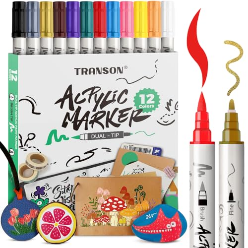 TRANSON 12 Colors Fine and Brush Dual-tip Acrylic Paint Marker Pen Set for Canvas Rock Wood Leather Ceramic DIY Painting - color: 12 Colors