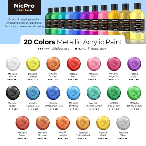 Nicpro 20 Colors Metallic Acrylic Paint Set, Pearlescent Acrylic Paint | 8.45oz/250ml Each, Non Toxic Non Fading Craft Paint for Wood, Clay, Metal, Canvas, Furniture, Handcraft, Model, Art Supplies - color: 20 Metallic Colors
