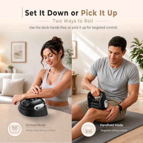 Rolling Percussion Massager with Hands-Free Dock | Electric Muscle Roller • Fitness Recovery • For Feet, Calves, Forearms, Back, Shoulders, Arms & Legs • 3 Speeds • Cordless