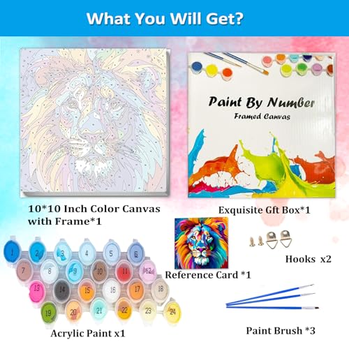 Artunion Framed Paint by Numbers Kit for Adults Beginners & Kids Ages 8-12,Colorful Lion Paint by Number with Frame,Easy Animal Paint by Numbers Kit on Canvas 10 * 10 Inch Without Easel - color: ZXT-265-F