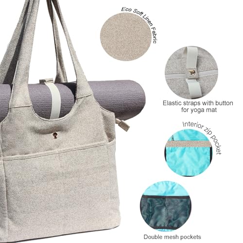 ESVAN Yoga Tote Bag Mat bag Women Shoulder Bags Carryall Tote for Travel Office Workout Gym Nurse Beach - color: Linen Beige