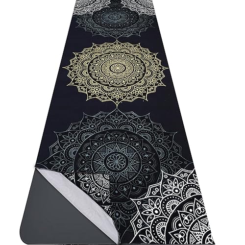 Microfiber Yoga Mat Towel with Corner Pockets - Non Slip, Moisture Wicking, Absorbent, Mandala Pattern, Easy for Travel, Use in Hot Yoga, Bikram, Pilates and Fitness - color: Mandala Black, size: 70"x26"