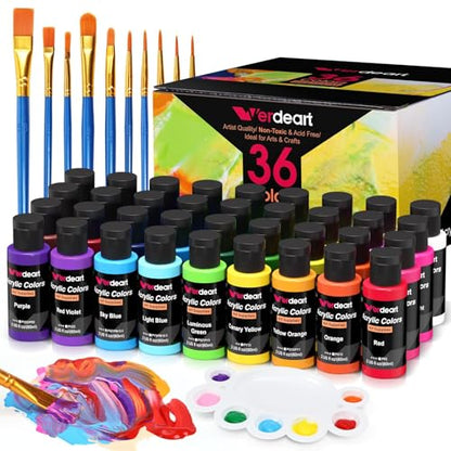 Acrylic Paint Set - 36 Colors 2 oz/59 ml Acrylic Paints for Professional Artists with 10 Brushes , Art Supplies for Painting Canvas Rock Wood Ceramic Glass Art Craft Painting, Rich Pigments Lasting Quality for Beginners, Students & Professional Artist - s