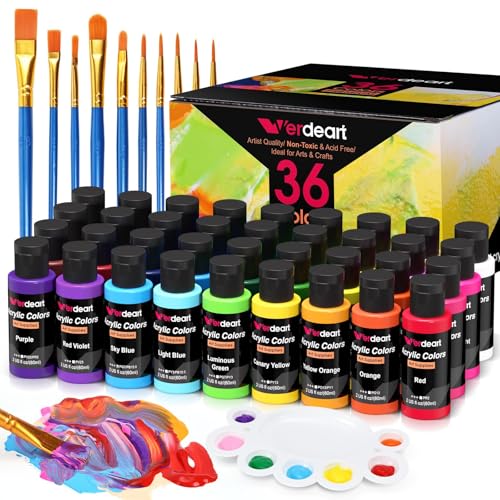 Acrylic Paint Set - 36 Colors 2 oz/59 ml Acrylic Paints for Professional Artists with 10 Brushes , Art Supplies for Painting Canvas Rock Wood Ceramic Glass Art Craft Painting, Rich Pigments Lasting Quality for Beginners, Students & Professional Artist - s