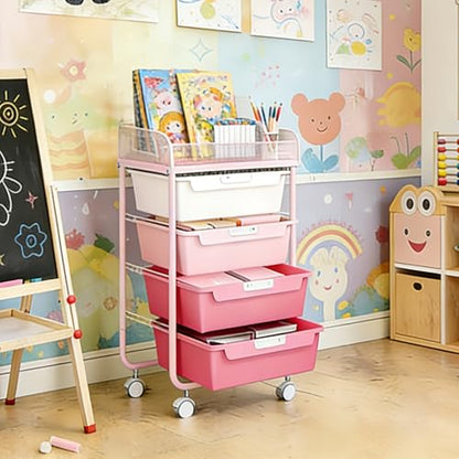 SYKIARIOL 4-Drawer Rolling Storage Cart with Mesh Top, Rose Pink | Utility Craft Organizer Cart on Wheels with DIY Labels, Rolling Drawer Cart for Home Office Classroom Bedroom - color: Gradient Pink