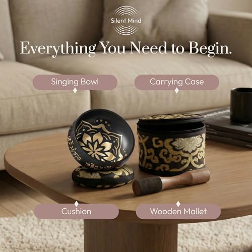 Silent Mind Tibetan Singing Bowl Set – Easy to Play & Beginner Friendly Meditation Bowl with Cushion, Mallet & Case | Stress Relief & Mindfulness | Gift-Ready - color: Coal Black, size: With Case