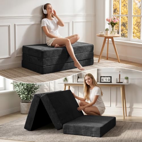 6 Inch Tri Fold Memory Foam Mattress Twin Size, Foldable Futon Mattress Topper with Removable Washable Cover, Portable Floor Sofa Bed Guest Mat with Carry Handles & Non-Slip Bottom for Camping - color: Black, size: Twin