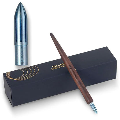 brass dipping pen color titanium all copper handmade stainless steel calligraphy hand drawn flower body painting watercolor (Titanium hollow blue+pen holder) - color: Titanium hollow blue+pen holder