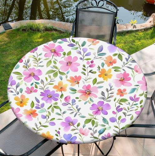 Spring Flower Round Fitted Tablecloth with Elastic Edge 36" Table Cloth Waterproof Reusable Outdoor Round Table Cover for Kitchen Picnic Patry - color: F-flower-2, size: 36" (Round)