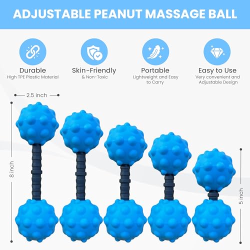 Adjustable Peanut Massage Ball, Dual Textured Massage Roller with Customizable 5-8 Inch Width for Back, Neck, Legs, Calves and Hamstrings, Lightweight TPE Self-Massage Tool, Blue