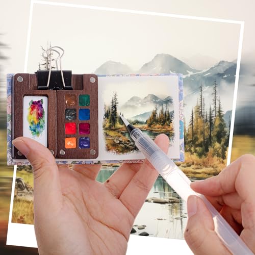 Qilery Mini Portable Watercolor Palette Set Wooden Grid Paint Box Watercolor Paper Sketch Book Brush Pens with Binder Clip for Painters Artist Not Include Paint(Summer Flowers) - style: Summer Flowers